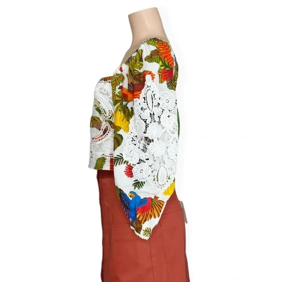 NWT Farm Rio Forest Birds crochet and guipure lace Cropped Blouse Size L - Picture 6 of 16